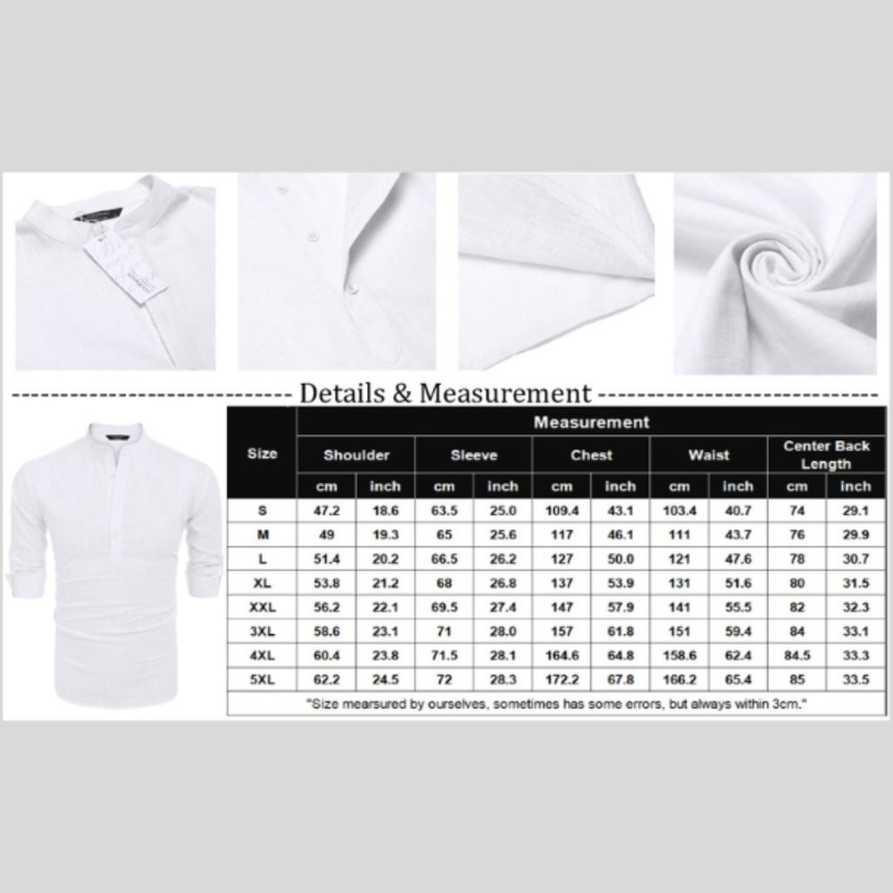 Men's Cotton Linen Henley Shirt Long Sleeve Hippie Casual Beach T Shirts - Picture 7 of 7